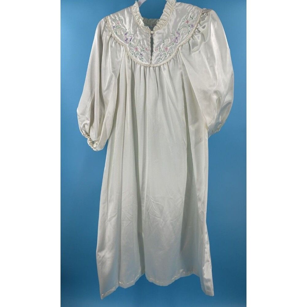 Vintage Sabrina Mervyns Ivory Satin Nightgown Floral Embroidered Long Sleeve L